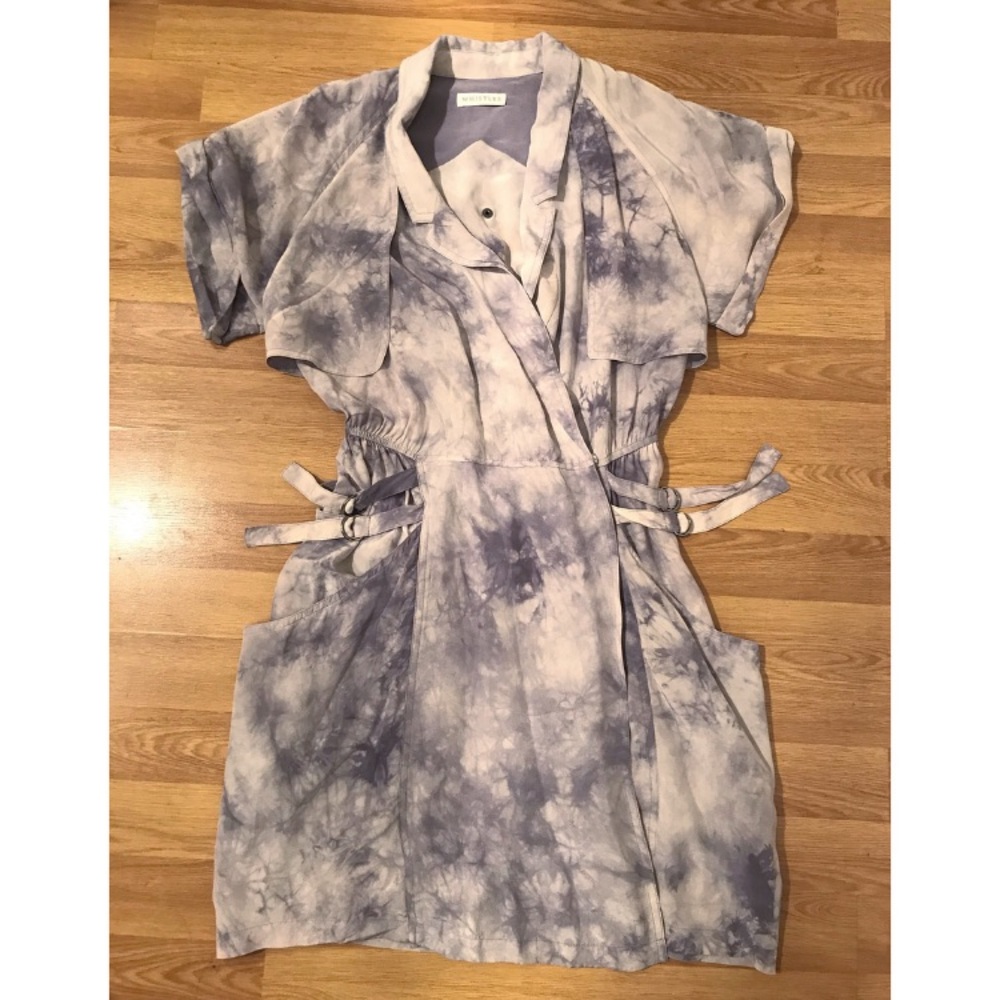 Whistles, silk wrap dress. Grey and white tie-dye.